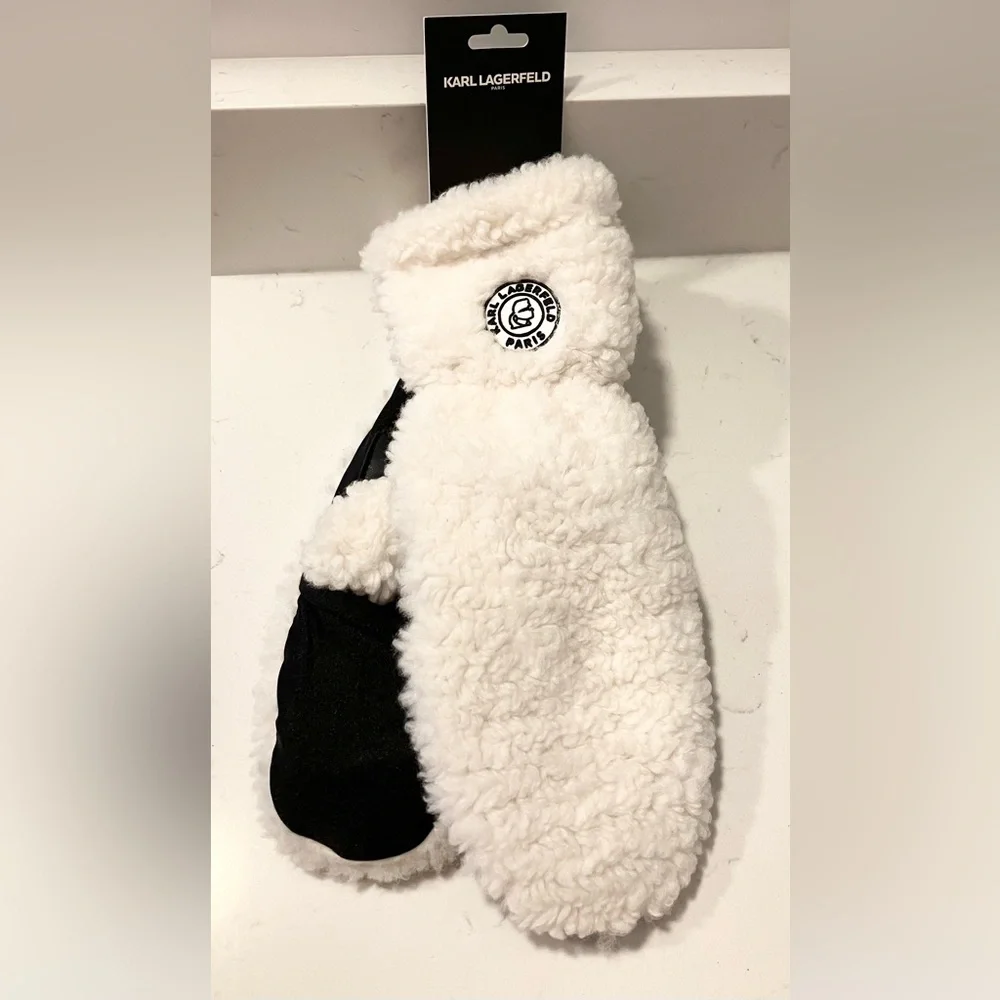 Karl Lagerfeld Paris Sherpa Faux Fur Convertible Mittens Ivory Flip Top NWT